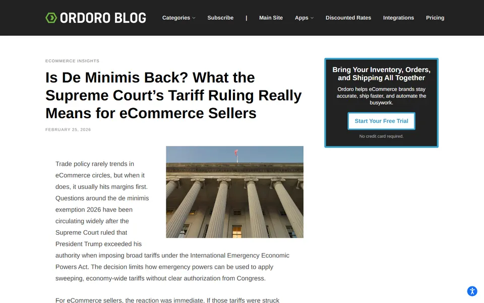Ordoro blog page asking whether de minimis is back after the Supreme Court tariff ruling.